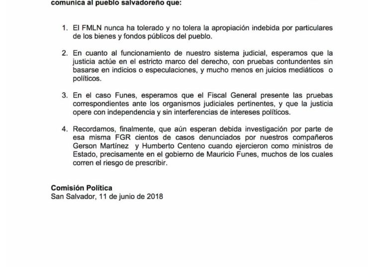 FMLN sobre caso Saqueo Público: «El FMLN nunca ha tolerado…la apropiación de fondos públicos»