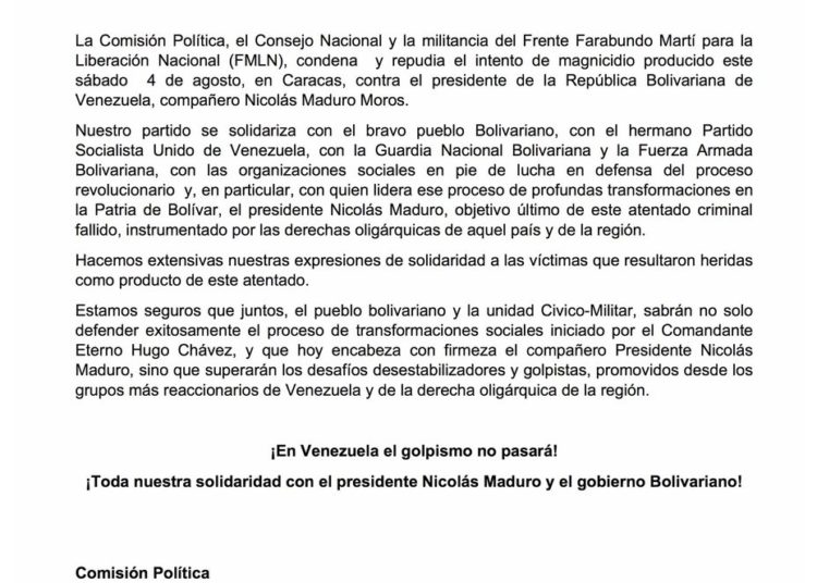 FMLN se pronuncia ante el intento de «magnicidio» contra Nicolás Maduro