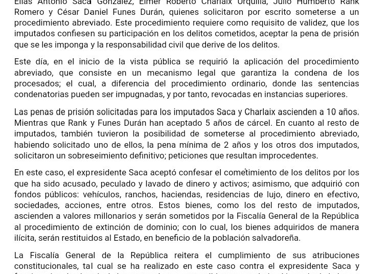 Así explica la FGR el procedimiento abreviado para Saca y sus ex funcionarios