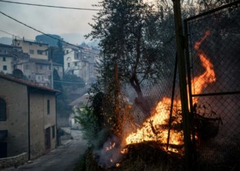 Bomberos tratan de sofocar incendio forestal en Toscana de Italia