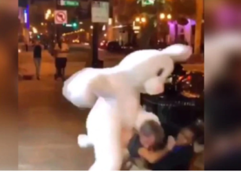 (VIDEO) Conejo de pascuas ataca a hombre que agredía a mujer