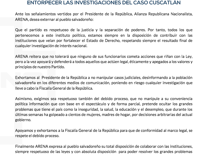 ARENA ve intento de manipulación de Bukele en caso Operación Cuscatlán