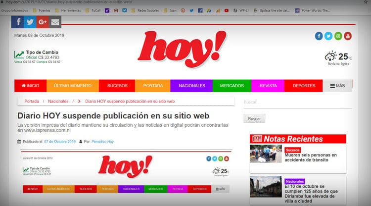 Diario nicaraguense «Hoy» cierra edición digital