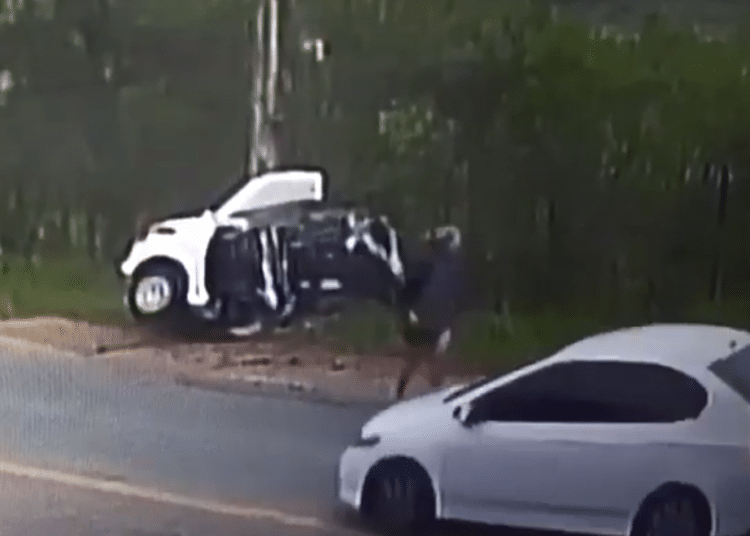 (VIDEO) Un automóvil se parte en dos al chocar con un poste en Brasil