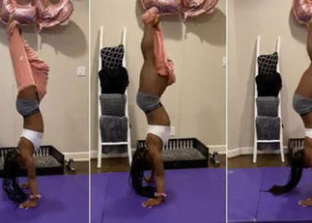 (VIDEO) Simone Biles se quita los pantalones haciendo una parada de manos y desafiando la gravedad