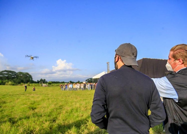 Presidente Bukele verifica el uso de agrodrones para combatir la plaga de langosta centroamericana