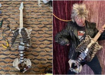 (VIDEO) Un roquero convierte el esqueleto de su difunto tío en una guitarra eléctrica para tocar ‘heavy metal’