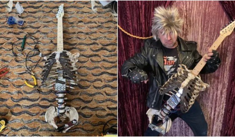 (VIDEO) Un roquero convierte el esqueleto de su difunto tío en una guitarra eléctrica para tocar ‘heavy metal’