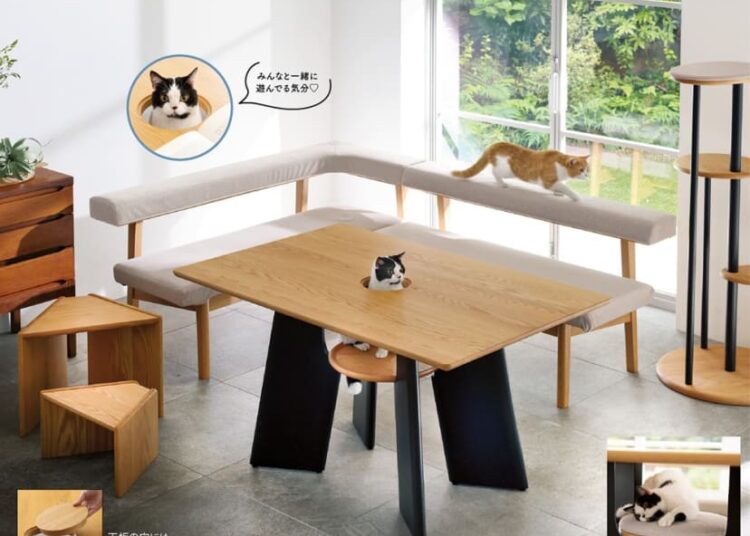 Diseñan en Japón una mesa de comedor con un orificio en el centro para los gatos de la casa