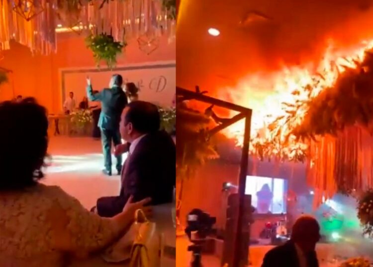 (VIDEO) Una boda termina abruptamente después de que el uso de pirotecnia causara un incendio mientras los novios bailan en el centro de la pista