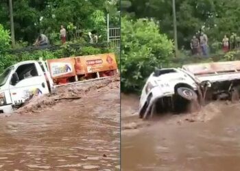 Corriente arrastra a un camión repartidor de gas propano en Chirilagua, San Miguel