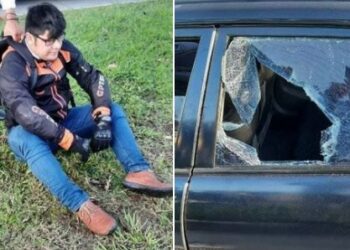 Motociclista golpeó el retrovisor de un auto y al encararlo el conductor, quebró con el casco el vidrio