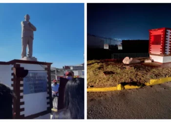 Sin cabeza y derribada: así amaneció la estatua de AMLO en Atlacomulco