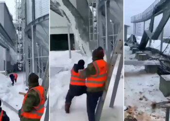 (VIDEO) Trabajadores intentan remover la nieve acumulada en el tejado con la ayuda de una bola de hielo, pero la maniobra les sale mal