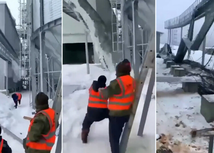 (VIDEO) Trabajadores intentan remover la nieve acumulada en el tejado con la ayuda de una bola de hielo, pero la maniobra les sale mal