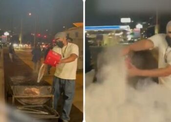 (VIDEO) Un vendedor ambulante de tacos ‘asalta’ con un extintor el puesto de un competidor y arruina su carne