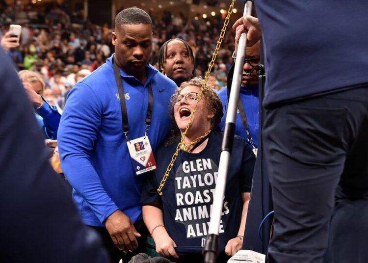 NBA: Una mujer se encadenó a un aro de basquet en una nueva protesta contra el ex propietario de los Wolves
