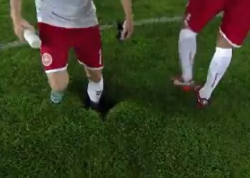 (VIDEO) El misterioso agujero que apareció en medio del césped durante el Austria-Dinamarca de Nations League