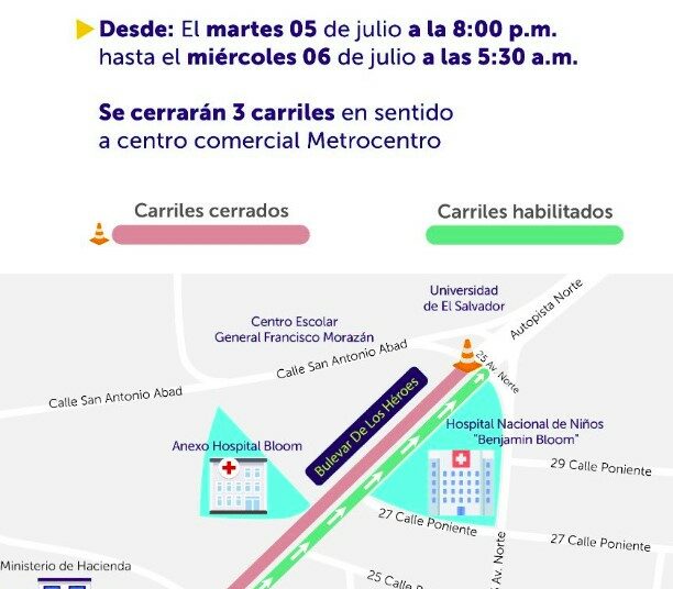 VMT anuncia restricción de paso vehicular en bulevar Los Héroes por instalación de pasarela
