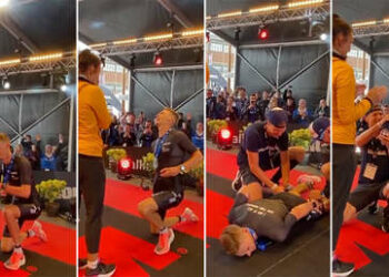 (VIDEO) Se arrodilla para proponerle matrimonio a su pareja tras participar en un triatlón extremo y descubre por qué fue una mala idea