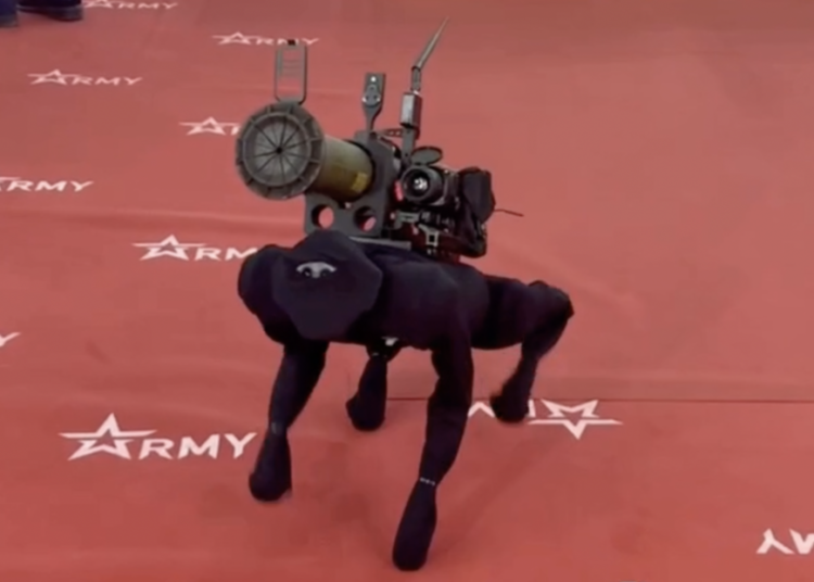 (VIDEO) Un perro robot con un lanzagranadas a la espalda corre entre los invitados de la exposición Army-2022