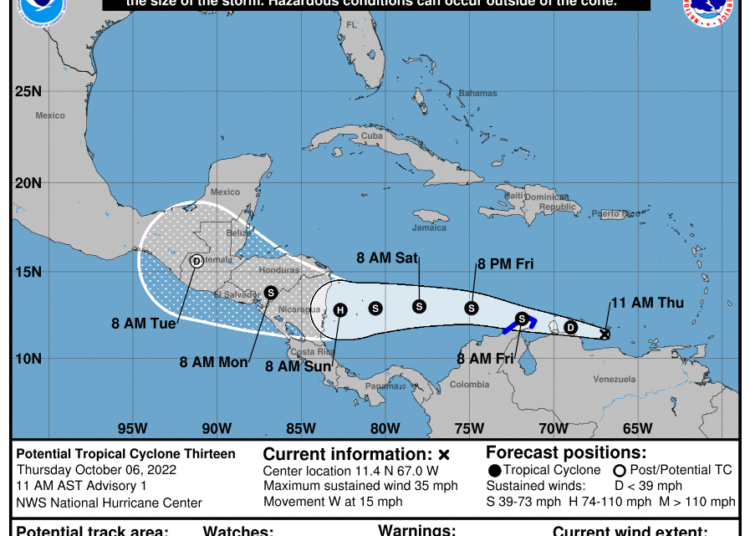 Perturbación tropical en la costa de Venezuela podría convertirse en Huracán, su trayectoria apunta a Nicaragua y podría afectar a El Salvador