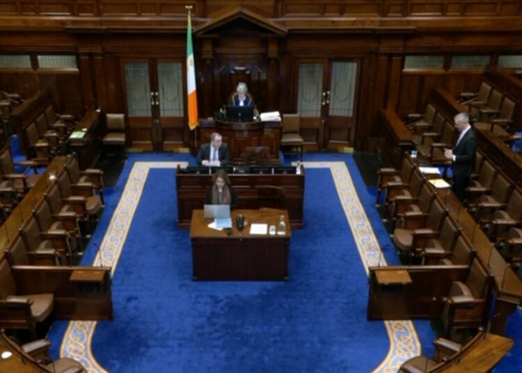 Ministro de Infancia, Igualdad, Discapacidad, Integración y Juventud de Irlanda pronuncia un discurso ante una sala vacía