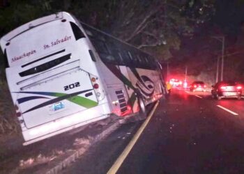 Motorista de autobús se distrae y cae en una canaleta