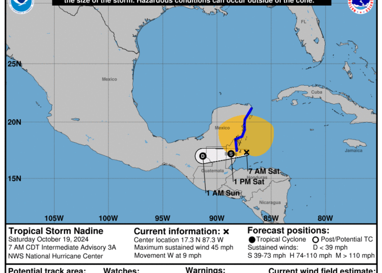 La tormenta tropical Nadine se forma al este de Belice y amenaza con fuertes lluvias para Belice y el este de México