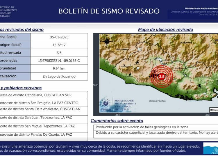 Se registra sismo en sector del Lago de Ilopango