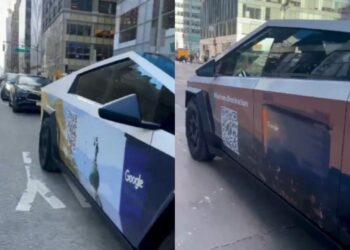 Tesla Cybertruck envuelto con publicidad que destaca a El Salvador como destino turístico, ha sido visto recorriendo las calles de Nueva York