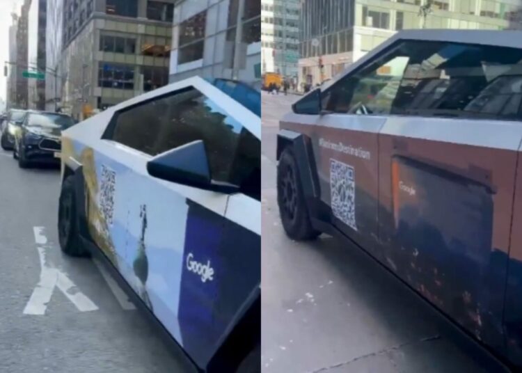 Tesla Cybertruck envuelto con publicidad que destaca a El Salvador como destino turístico, ha sido visto recorriendo las calles de Nueva York