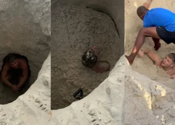 Hizo un pozo en la playa, se metió y quedó atrapado por más de tres horas, en Brasil