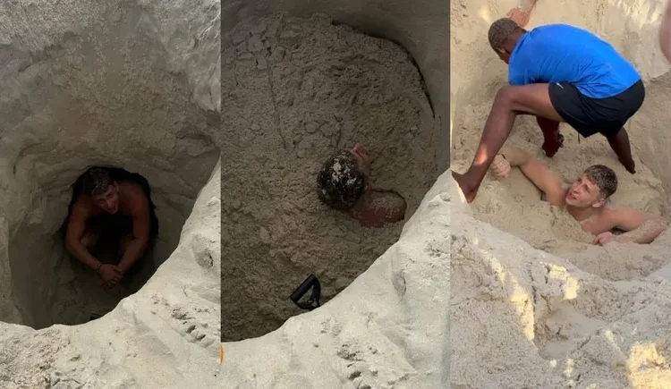 Hizo un pozo en la playa, se metió y quedó atrapado por más de tres horas, en Brasil