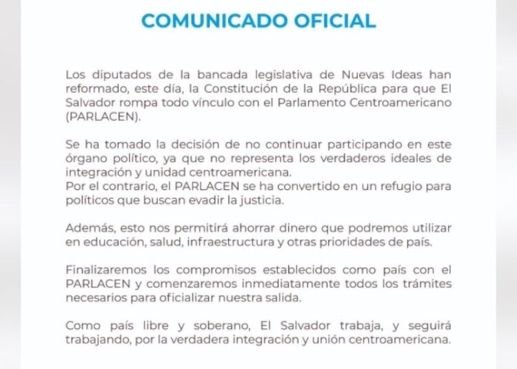 Nuevas Ideas respalda salida de El Salvador del Parlamento Centroamericano