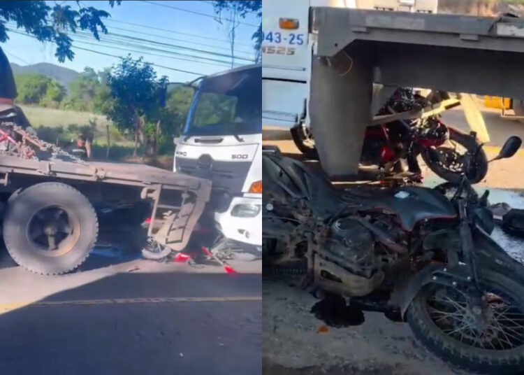 Dos motocicletas quedan bajo camiones tras siniestro vial en Moncagua